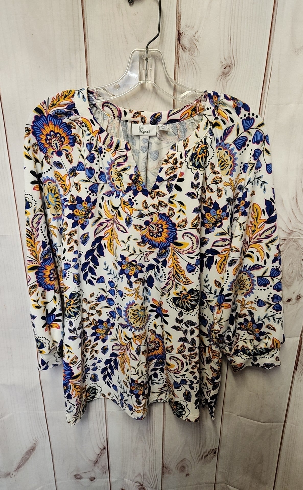 Kim Rogers Women's Size M White & Blue Floral Long Sleeve Top