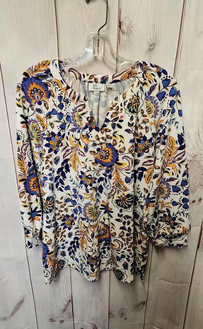 Kim Rogers Women's Size M White & Blue Floral Long Sleeve Top