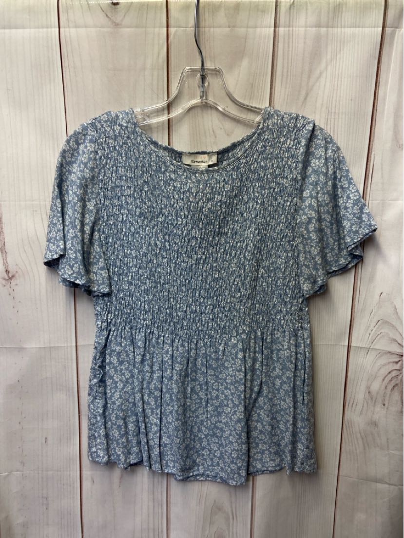 Urban Romantics Women's Size S Blue Floral Short Sleeve Top