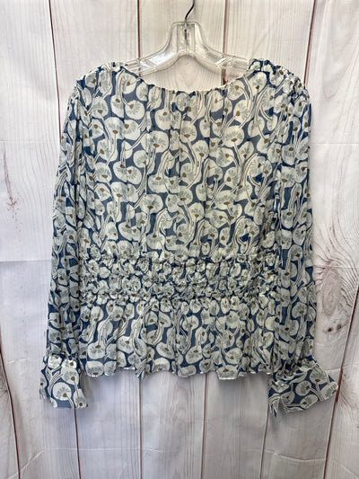Rebecca Taylor Women's Size 12 White & Blue Floral Long Sleeve Top
