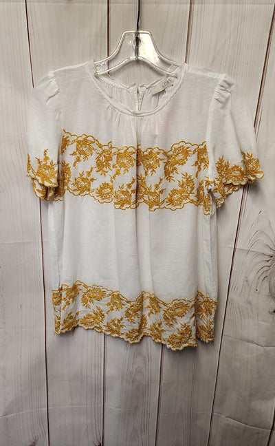 Loft Women's Size S White & Yellow Linen Floral Short Sleeve Top