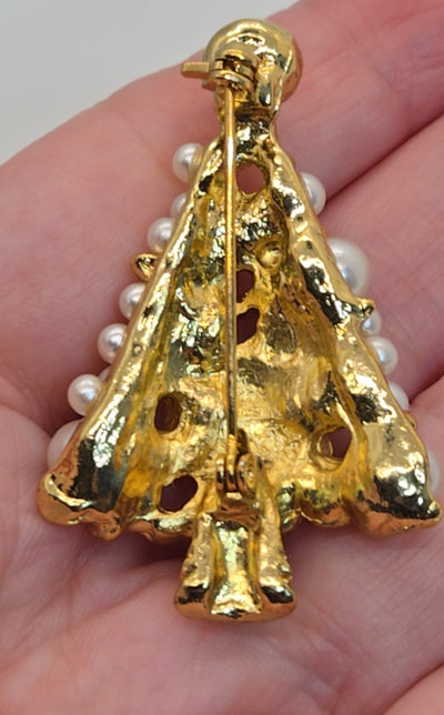 Gold White Christmas Tree Holiday Beaded Brooch Pin