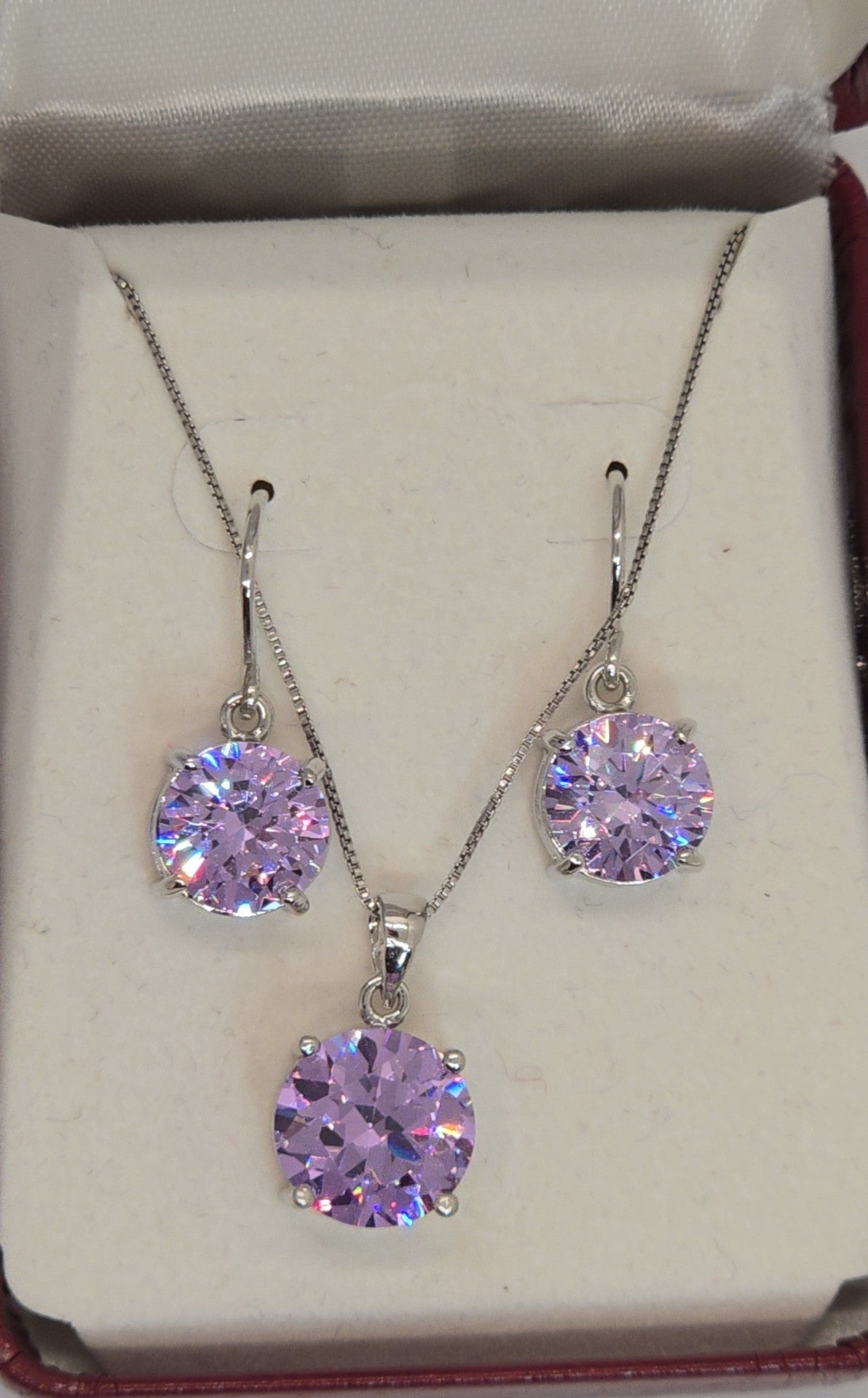 Sterling Purple Crystal .925 Sterling Necklace 18" & Earrings Jewelry Set