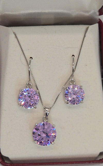 Sterling Purple Crystal .925 Sterling Necklace 18" & Earrings Jewelry Set