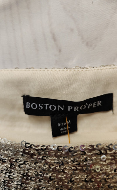 Boston Proper Women's Size M Beige Sequined Long Sleeve Top