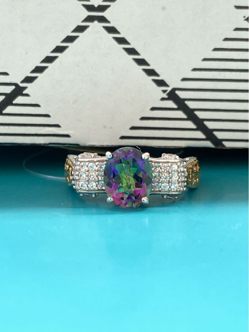 .925 Sterling Silver Size 10 Purple/Green Stones Ring