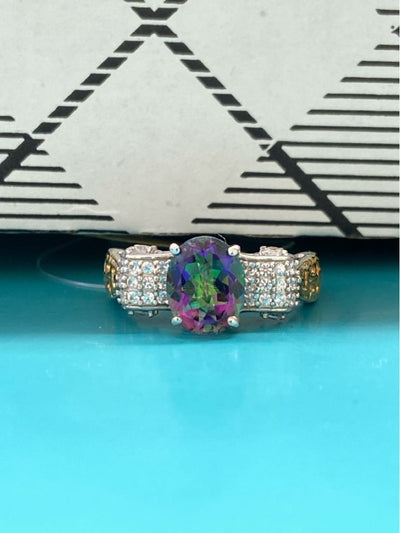 .925 Sterling Silver Size 10 Purple/Green Stones Ring