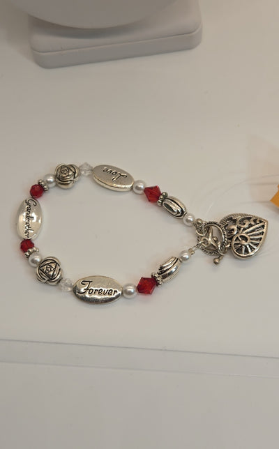 Grandmother - Love - Forever - Silver & Red Toggle Heart 8" Bracelet