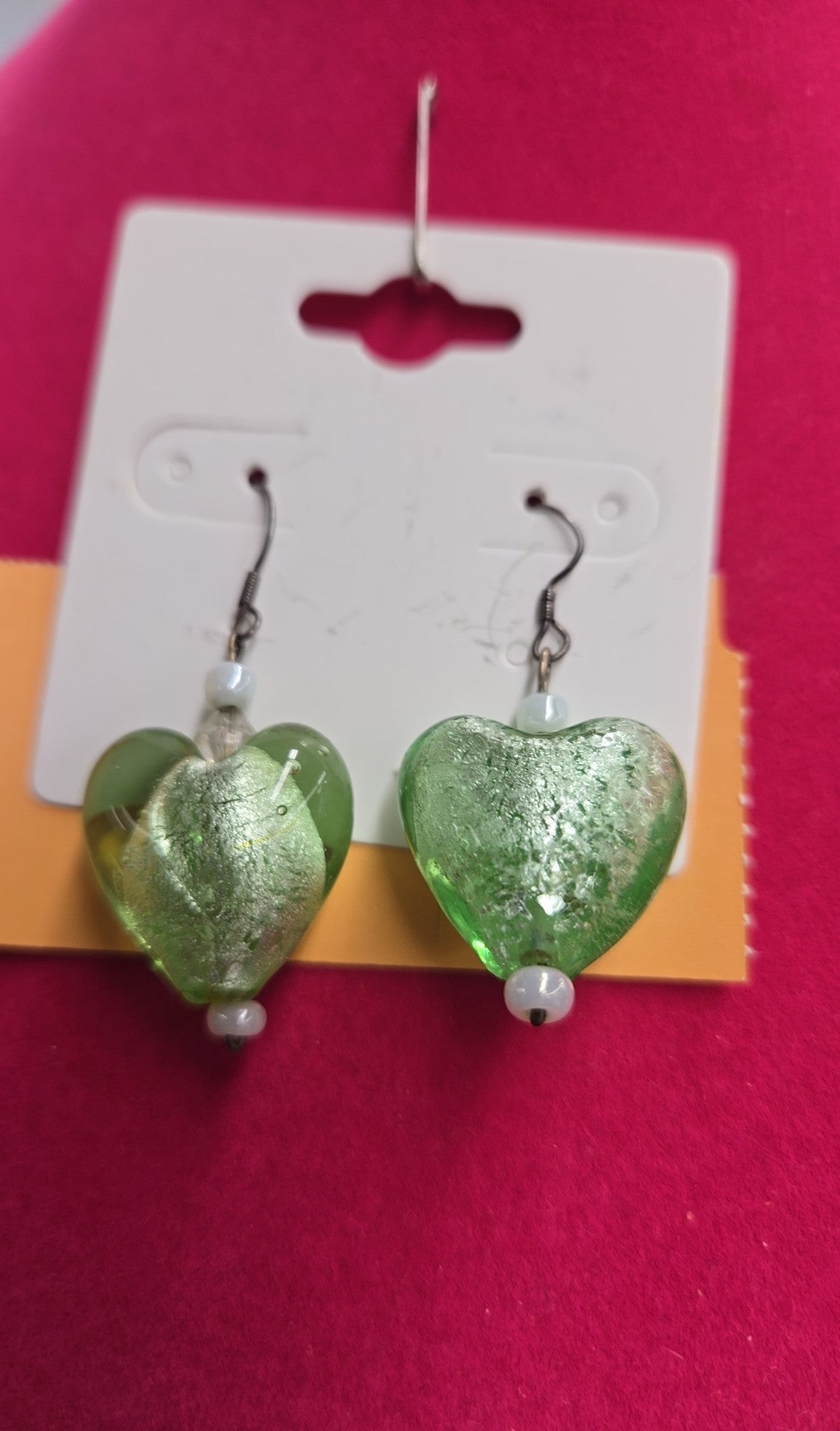 Green Glass Heart Earrings