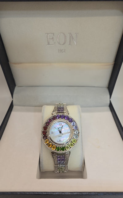 NIB VTG Eon 1962 Swiss Movement M925 Sterling Silver Multi-color Stones Watch