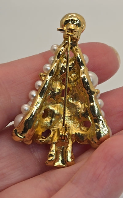 Gold White Christmas Tree Holiday Beaded Brooch Pin