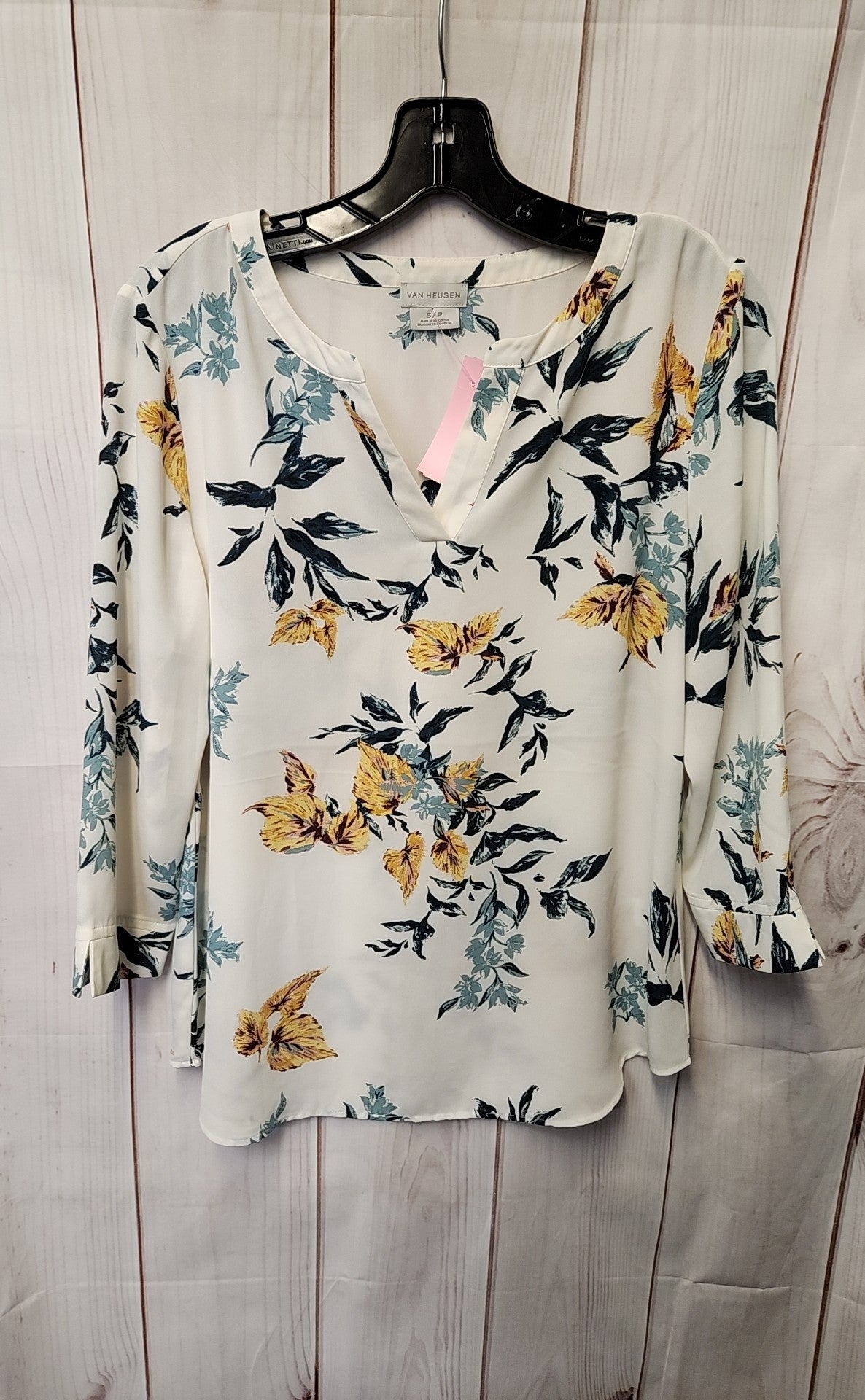 Van Heusen Women's Size S White Floral 3/4 Sleeve Top