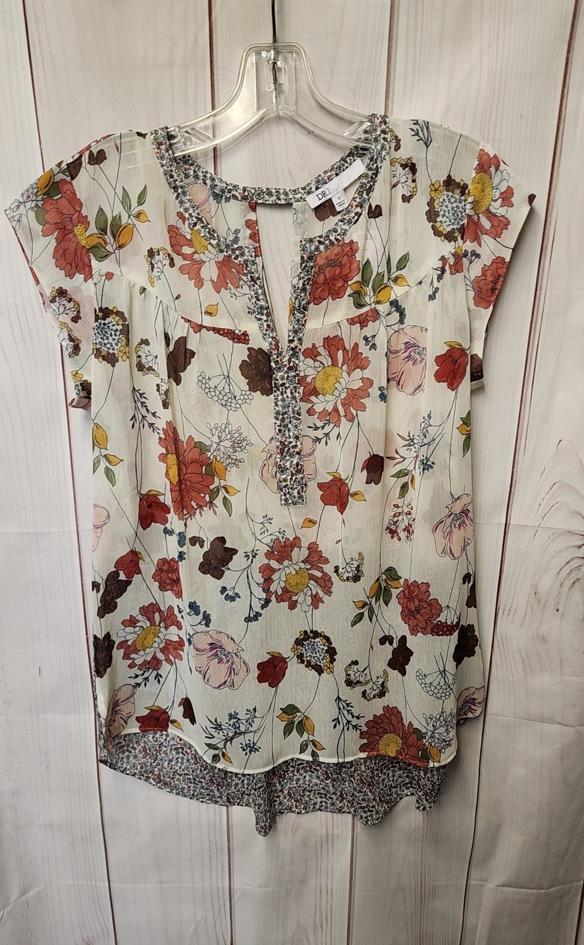 Dr2 Women's Size S White Floral Short Sleeve Top