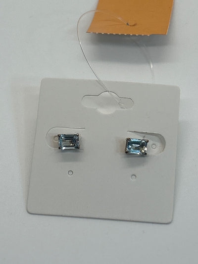 .925 Sterling Silver Earrings Gold overlay Stud Rectangle Sky Blue Topaz
