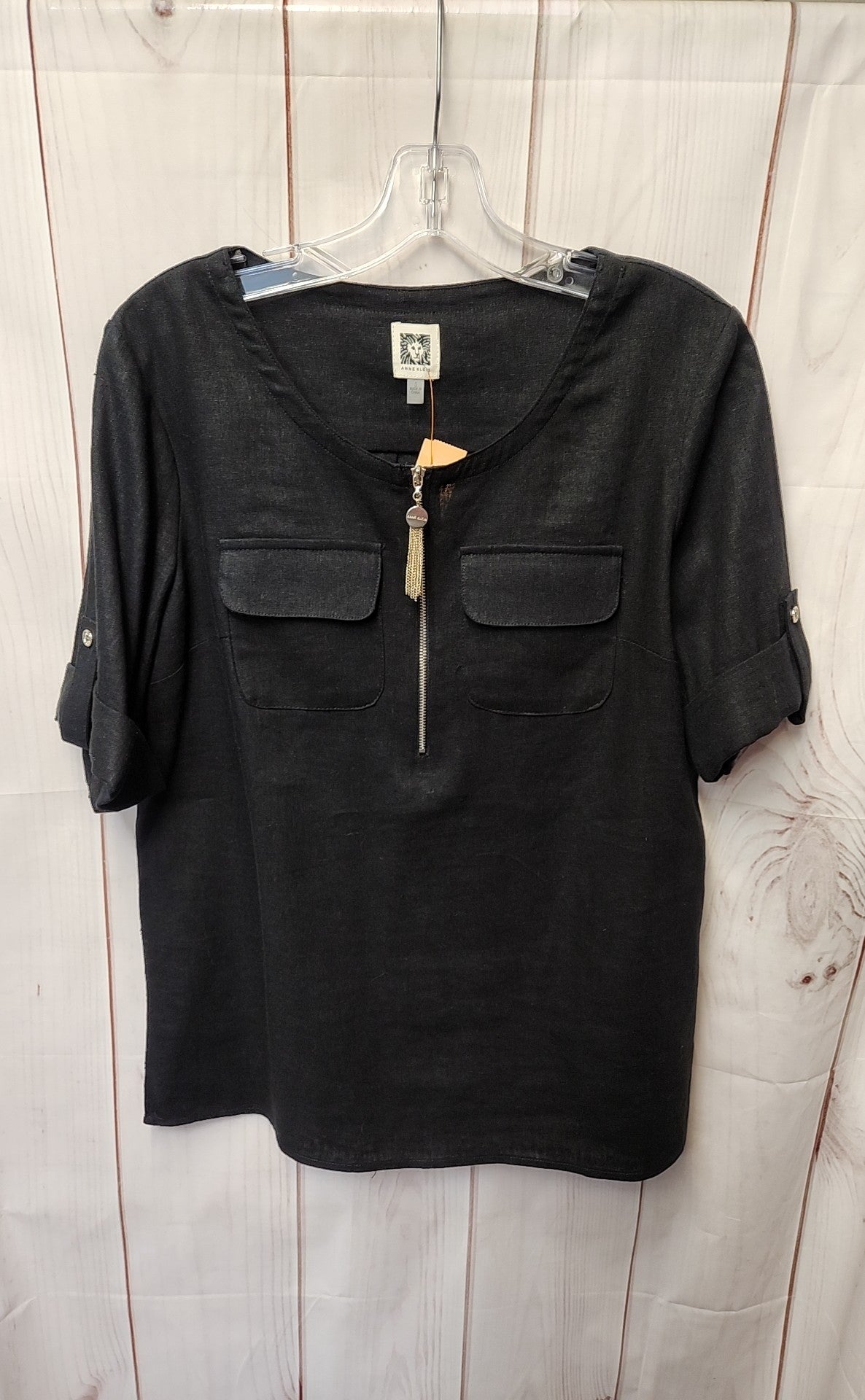 Anne Klein Women's Size S Black Linen Blend Short Sleeve Top