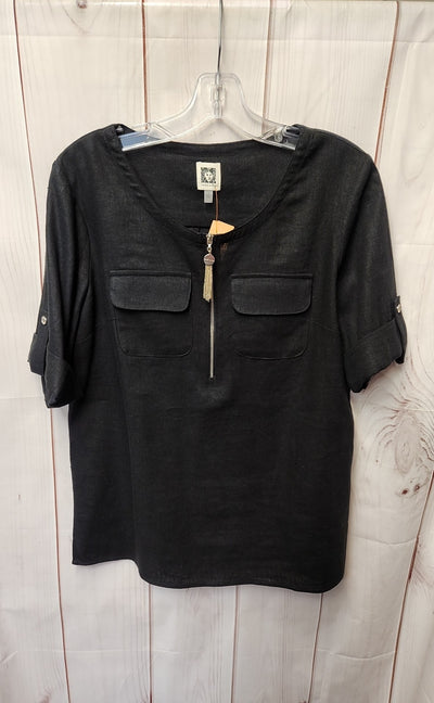 Anne Klein Women's Size S Black Linen Blend Short Sleeve Top