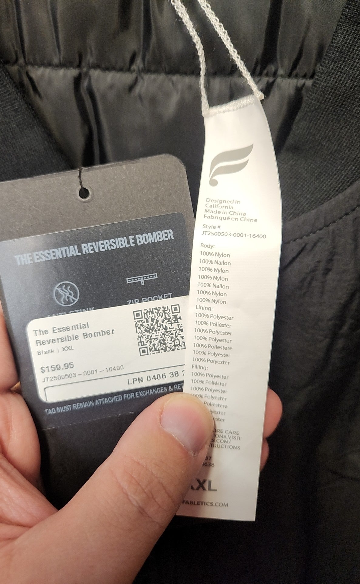 NWT Fabletics Men's Size XXL Black The Essential Reversible Bomber Jacket