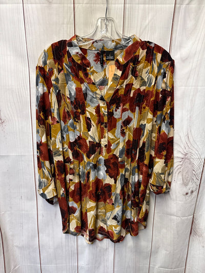 New Direction Women's Size L Brown Floral 3/4 Sleeve Top