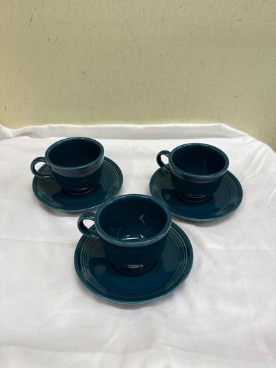 6PCS Homer Laughlin Fiestaware Teal (3)Coffee Tea Cup and (3)Saucer Set