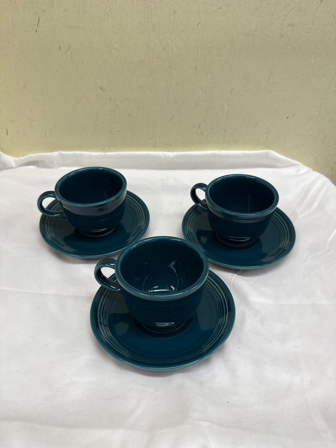 6PCS Homer Laughlin Fiestaware Teal (3)Coffee Tea Cup and (3)Saucer Set