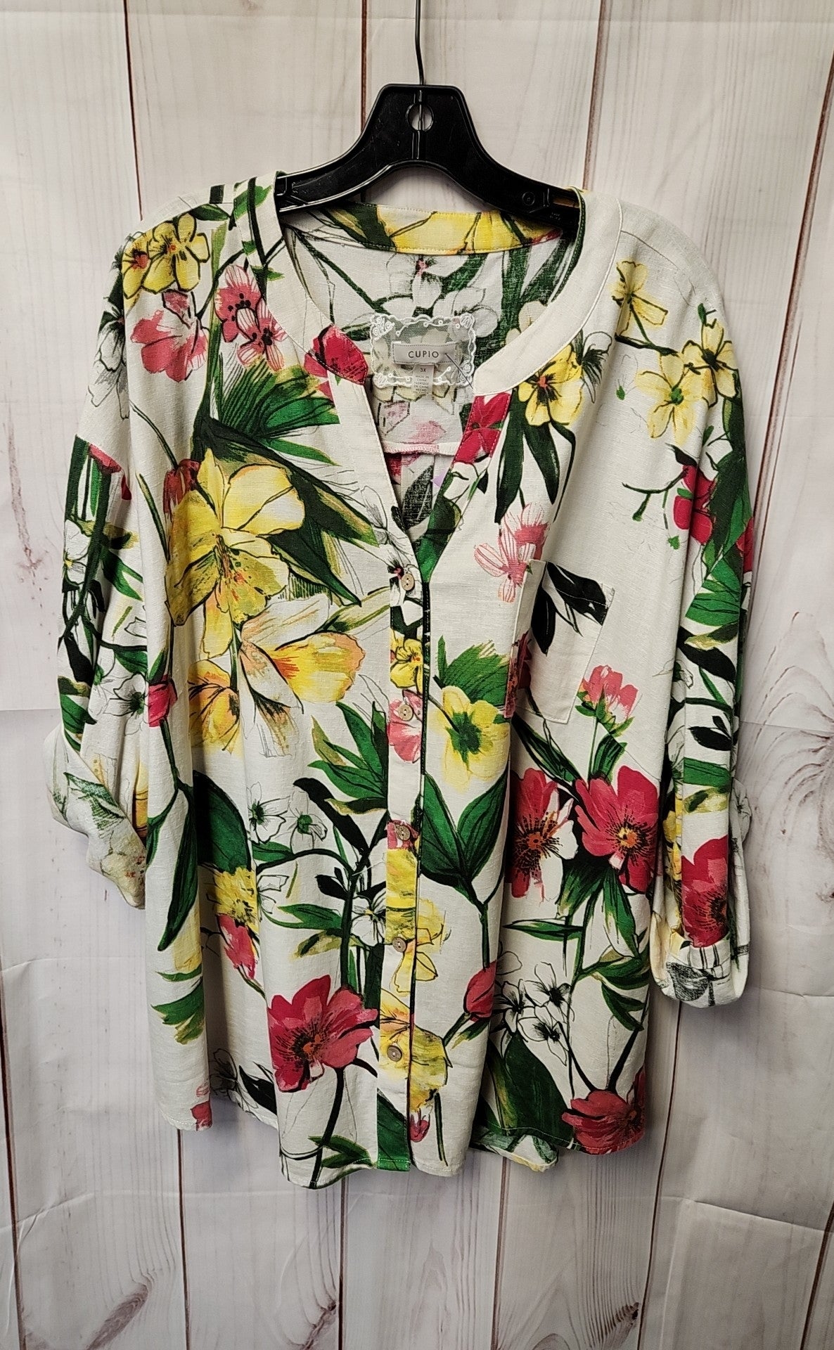 Cupio Women's Size 3X White Linen Blend Floral 3/4 Sleeve Top
