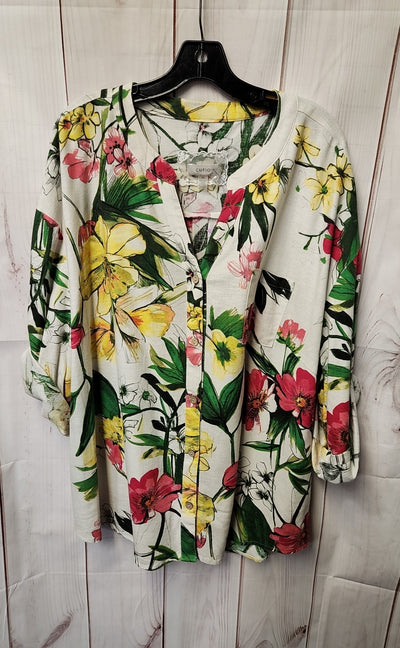 Cupio Women's Size 3X White Linen Blend Floral 3/4 Sleeve Top