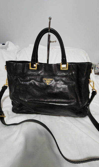 COA Prada Black Glace Calf Shopping Leather Tote Shoulder Strap Gold Hardware