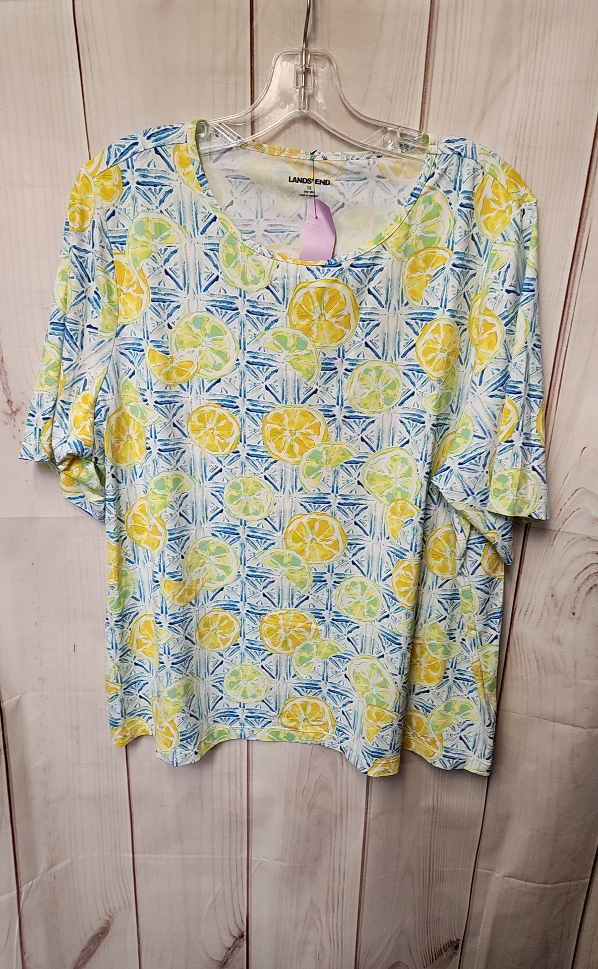 Lands End Women's Size 1X Blue & Yellow Short Sleeve Top