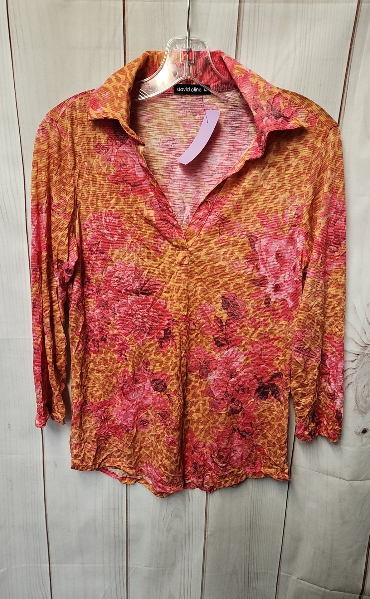 David Cline Women's Size M Orange Floral 3/4 Sleeve Top
