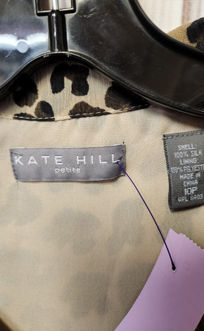 Kate Hill Women's Size 10 Petite Brown Animal Print Short Sleeve Top