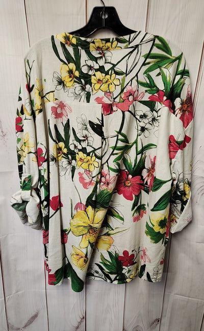 Cupio Women's Size 3X White Linen Blend Floral 3/4 Sleeve Top