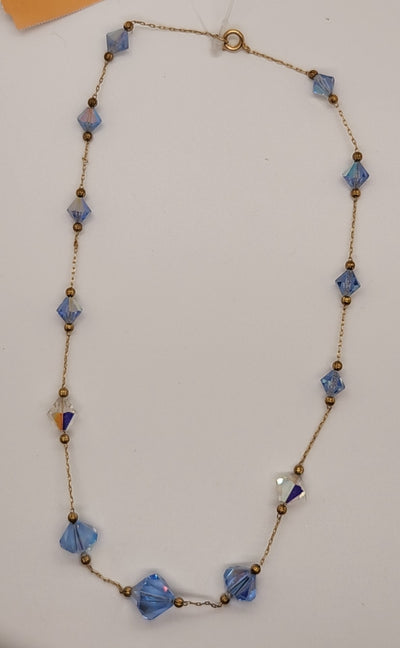 Vintage Gold with Blue & Clear Crystal Necklace - Approx 19"
