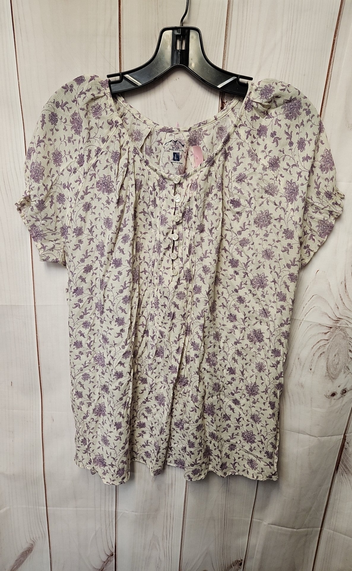 Blue Mountain Women's Size L White & Purple Floral Short Sleeve Top