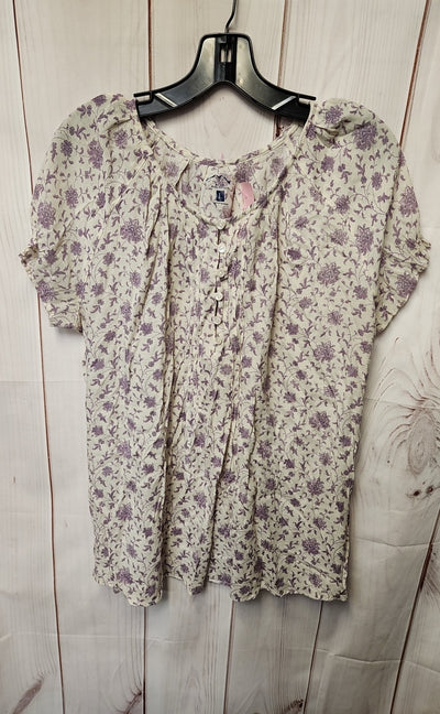 Blue Mountain Women's Size L White & Purple Floral Short Sleeve Top