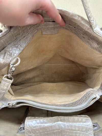 Nancy Gonzalez Geniune Python & Crocodile Skin Tan/Silver Large Purse Bag AS IS