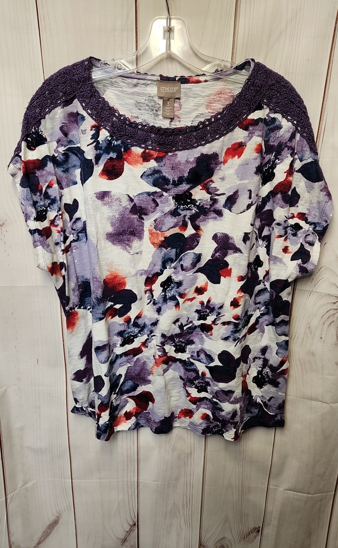 Chico's Women's Size 3 = US XL Purple Floral Short Sleeve Top