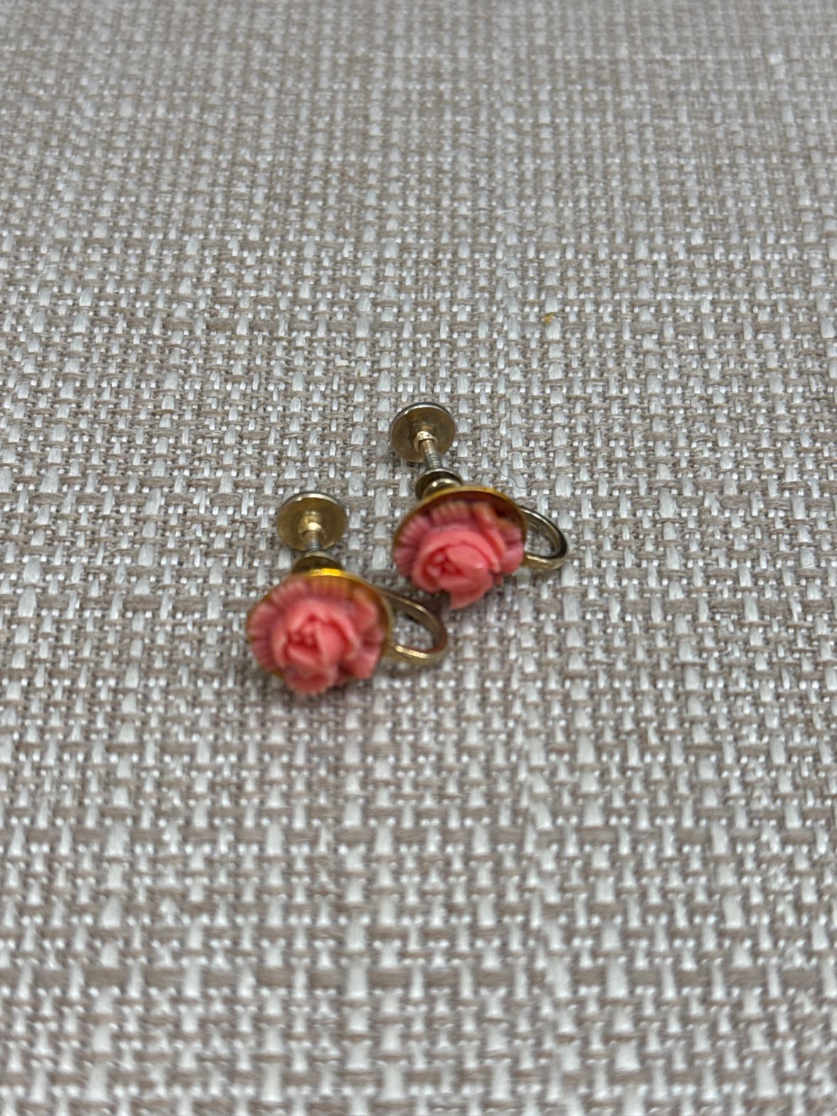 Pink Rose Carving Screw On Earrings