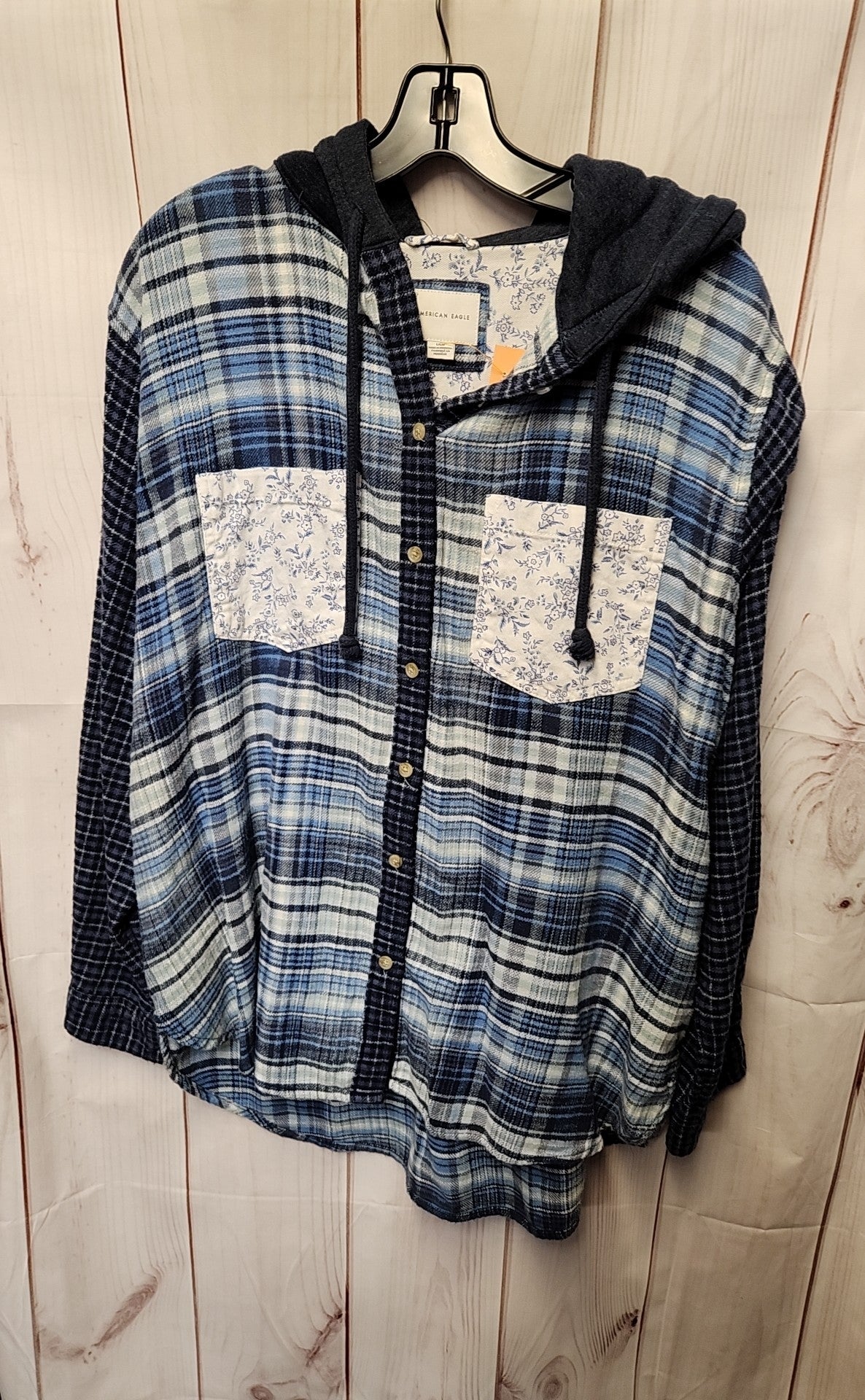 American Eagle Women's Size L Blue Long Sleeve Top Hooded Shacket