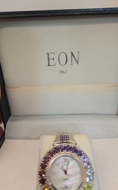 NIB VTG Eon 1962 Swiss Movement M925 Sterling Silver Multi-color Stones Watch