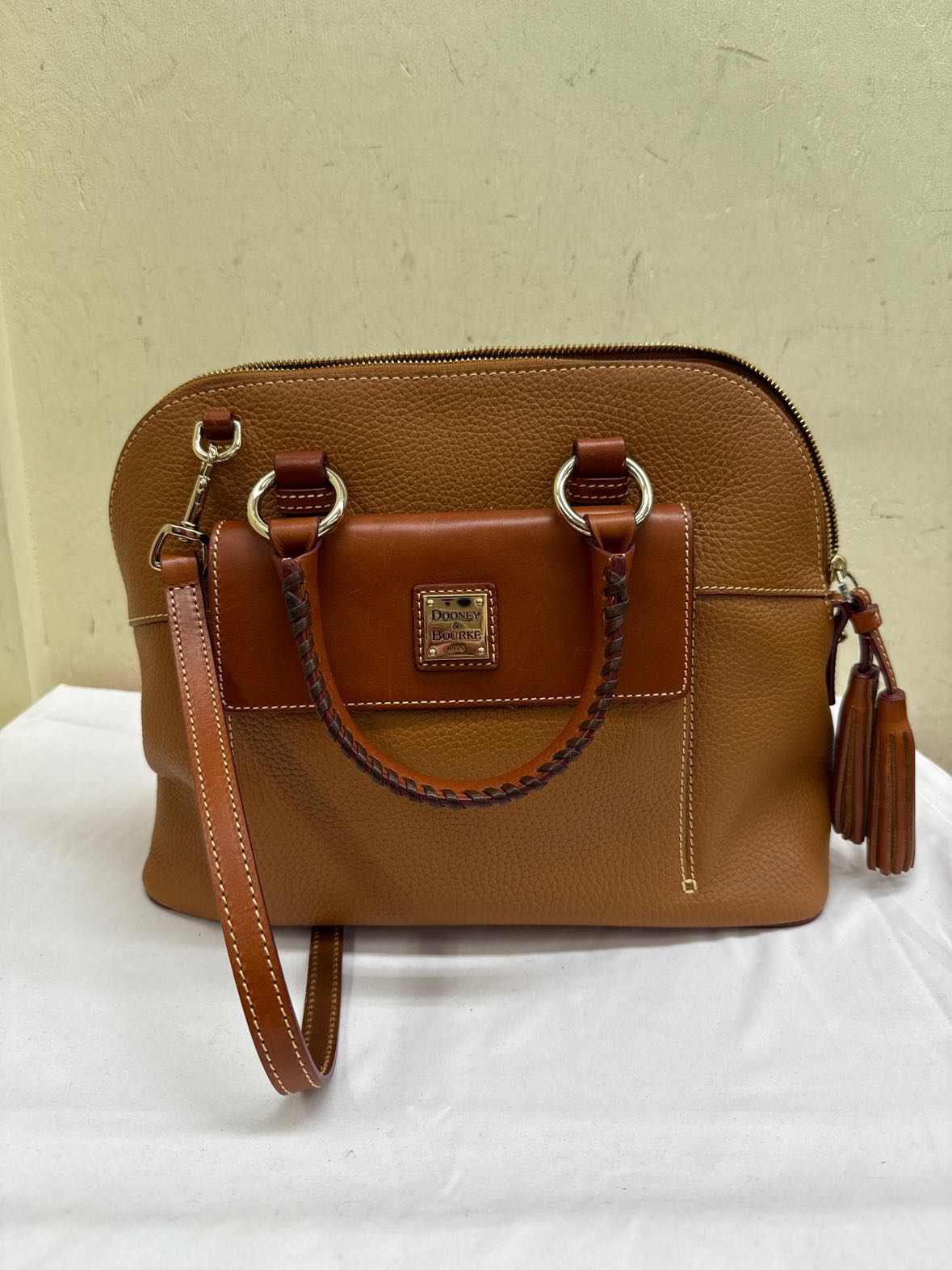 Dooney & Bourke Aubrey Brown Pebble Grain Leather Tassel Satchel Purse Bag