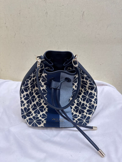 Kate Spade Blue Flower Jacquard Stripe Canvas Bucket Purse Bag