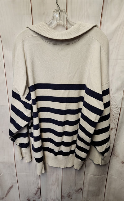 Free People Women's Size L White & Blue Coastal Stripe Pullover Sweater