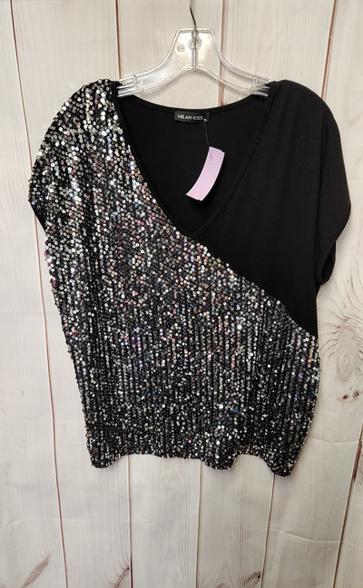 Milan Kiss Women's Size XL Black & Silver Sequined Short Sleeve Top