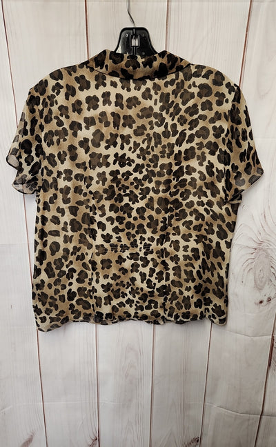 Kate Hill Women's Size 10 Petite Brown Animal Print Short Sleeve Top