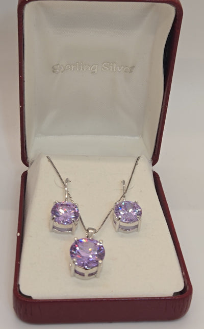 Sterling Purple Crystal .925 Sterling Necklace 18" & Earrings Jewelry Set