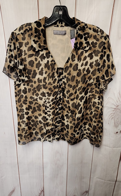 Kate Hill Women's Size 10 Petite Brown Animal Print Short Sleeve Top