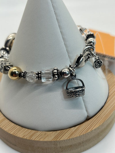 EK Designs Silver & Gold .925 Sterling Silver 7" Bracelet Crystals Basket