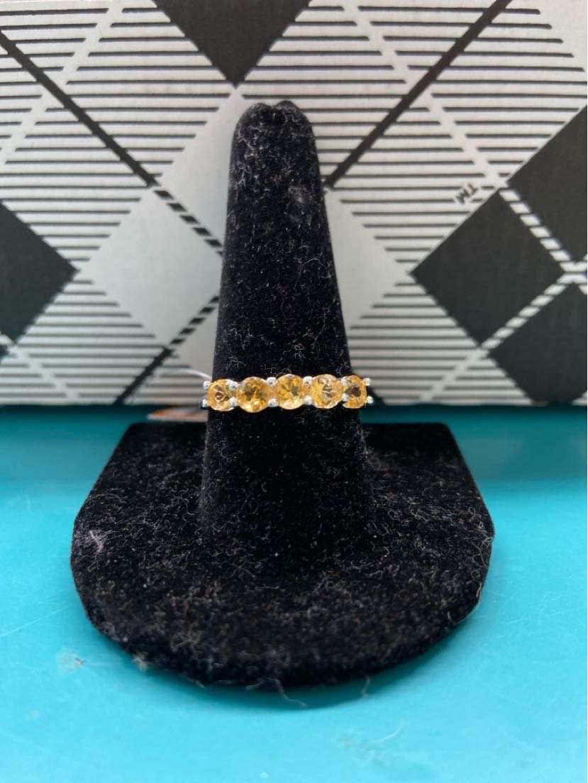.925 Sterling Silver Size 10 Yellow Stone Ring