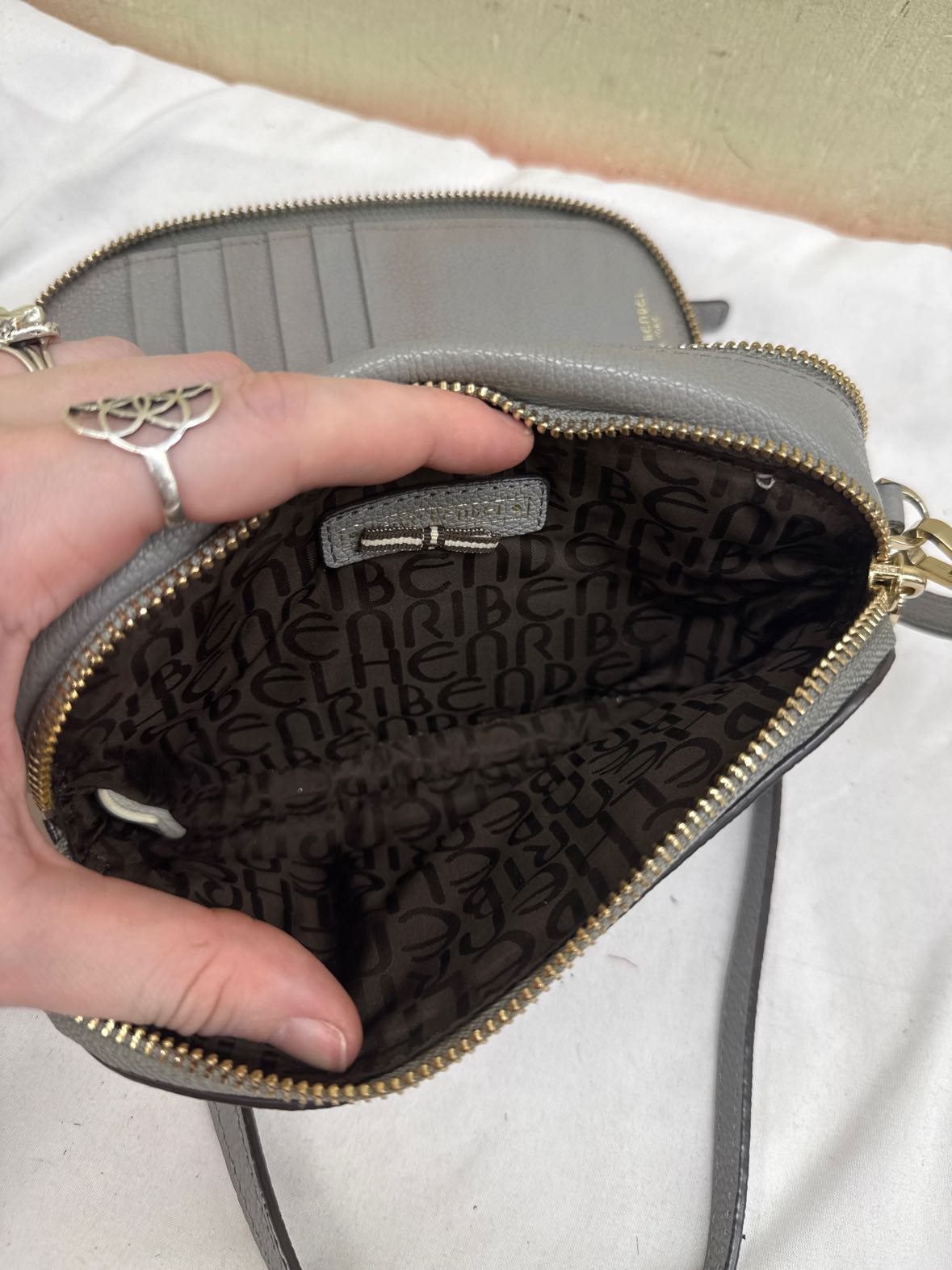 Henri Bendel Gray Leather Crossbody Purse Bag AS IS - marks on front & inside