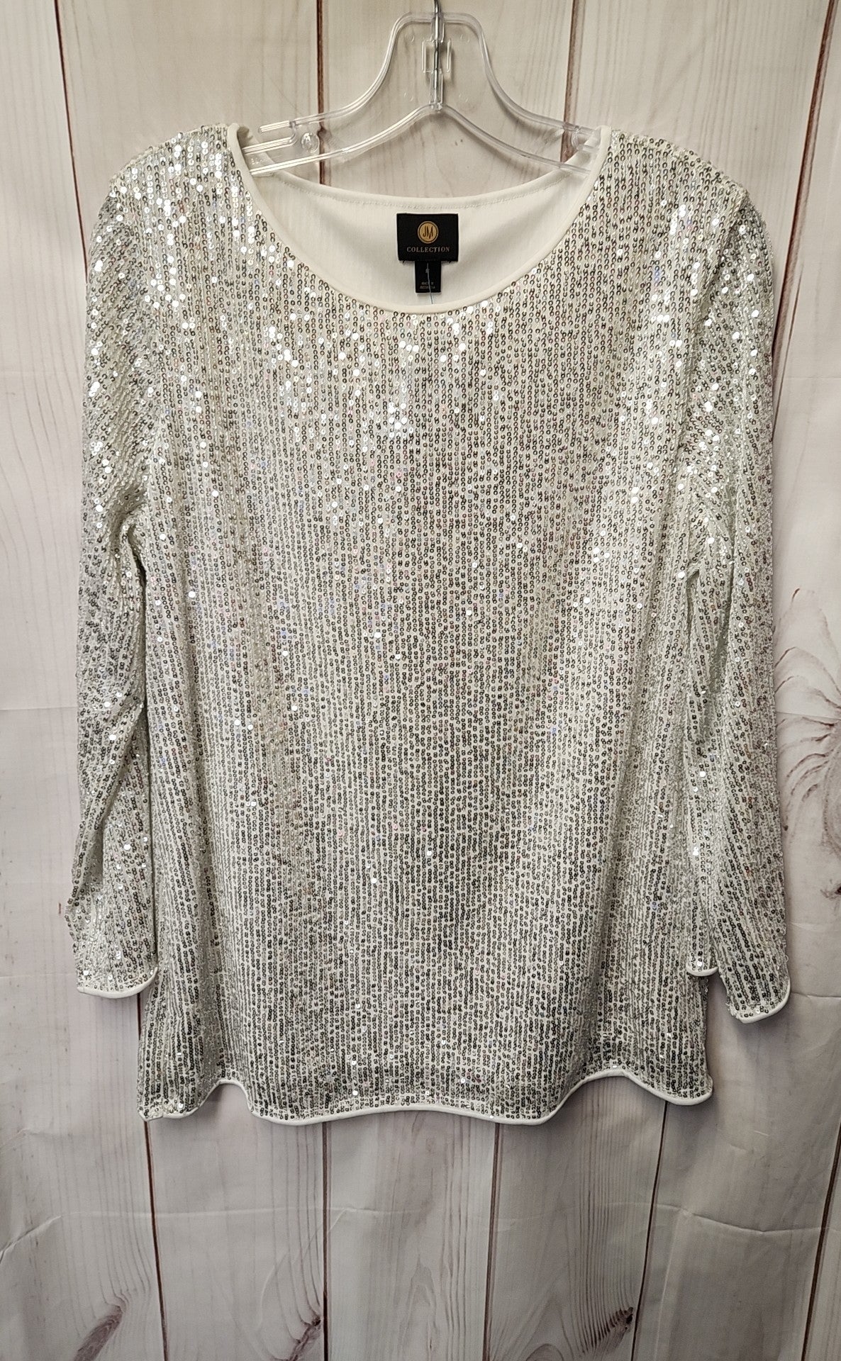 JM Collection Women's Size M White Sequined Long Sleeve Top